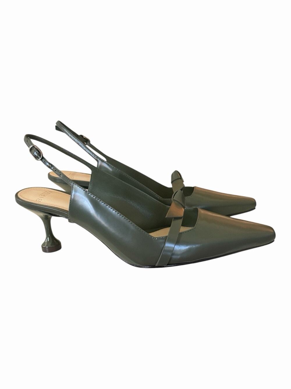 Alexandre Birman Slingback Pumps 37 Green Leather Bow Kitten Heel NIB